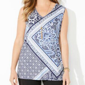Catherines Anywear Navy/Blue Scarf Print V- Neck Sleeveless Tank Top- 5X - NWT